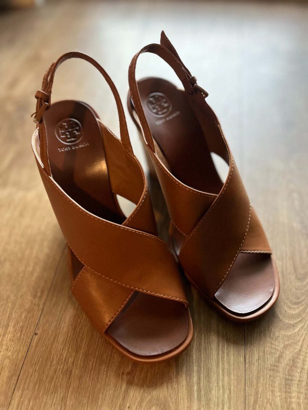 Tory Burch Gabrielle Royal Tan Leather Crisscross Slingback Wedge Sandals 7.5